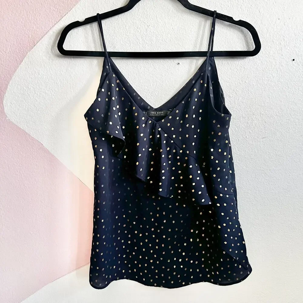 Zara Navy Gold Polka Dot Ruffle Tank Top Y2K Coquette Glam Academia‎ XS